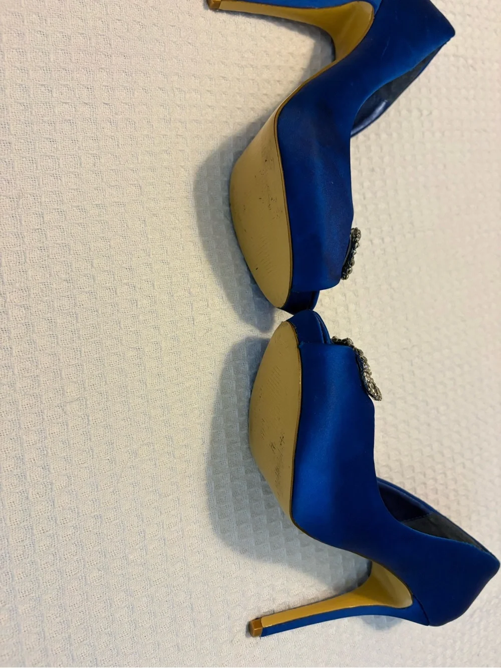 Audrey Brooke Cobalt Blue Satin Peep-Toe Heels with Crystal Embellishment